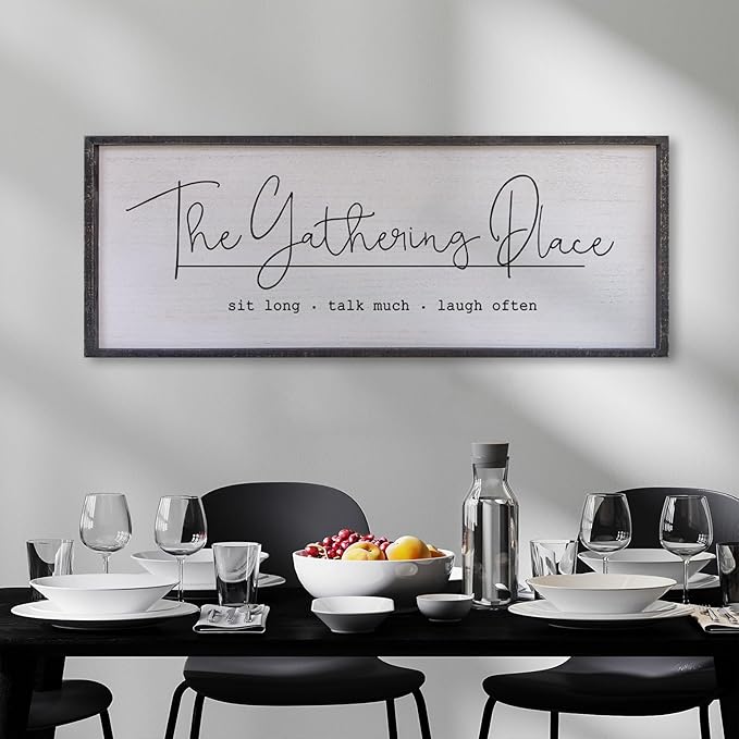Surfapans Dining Room Wall Decor The Gathering Place Sign 40"x15" Family Gather Vintage Wood Framed Rustic Farmhouse Simple And Rustic for Friends Reunions Large Horizontal Hanging Art (Black)
