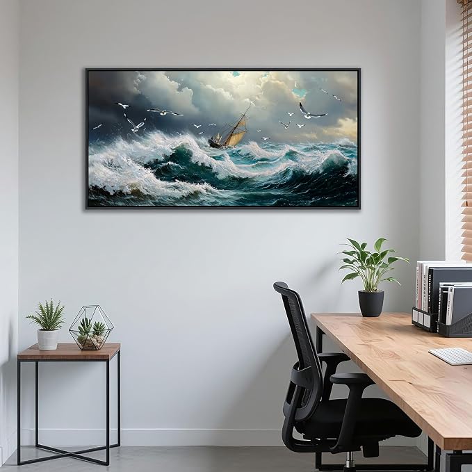 YDYSUNE Ocean Wall Art - Retro White Canvas painting Sailboat Wall Decor Textured Picture Artwork Nautical Adventurer Painting Coastal Art Framed for Living Room Bedroom Home 20x40inch