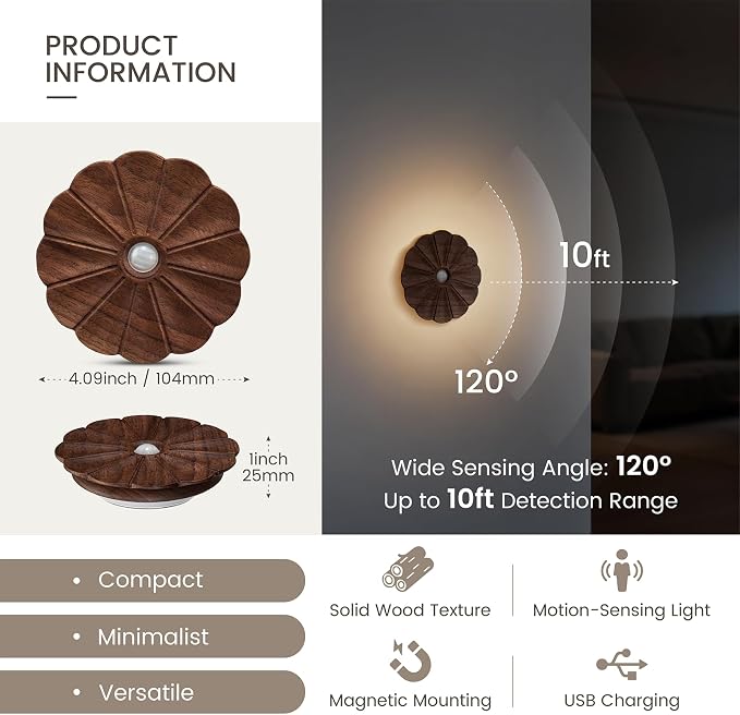Motion Sensor Night Light, Wooden Flower Lights, USB Rechargeable Magnetic Stick-On Lights for Stairs, Hallway, Bedroom, Indoor Pathway, Motion Sensor Light Indoor (2 Pack Black Walnut)
