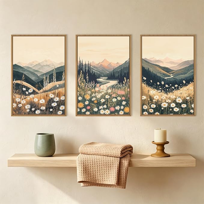 Large Boho Wildflower Framed Canvas Wall Art,Vintage Mountain Wall Decor,Nature Floral Prints,Rustic Daisy Landscape Artwork for Living Room,Bedroom,Dining Room -24"x36"x3