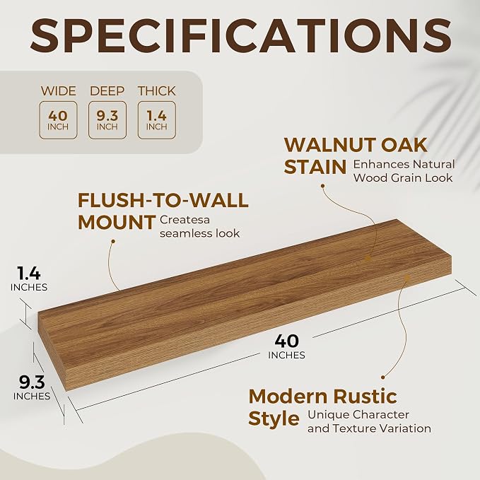 Dreamland 40Inch Walnut Floating Shelves 9.3" Deep Wall Mounted Set of 2 | Wall shelves for bathroom, bedroom, Living Room, kitchen, deep wall mount wood storage display for home decor 40" x 9.3"