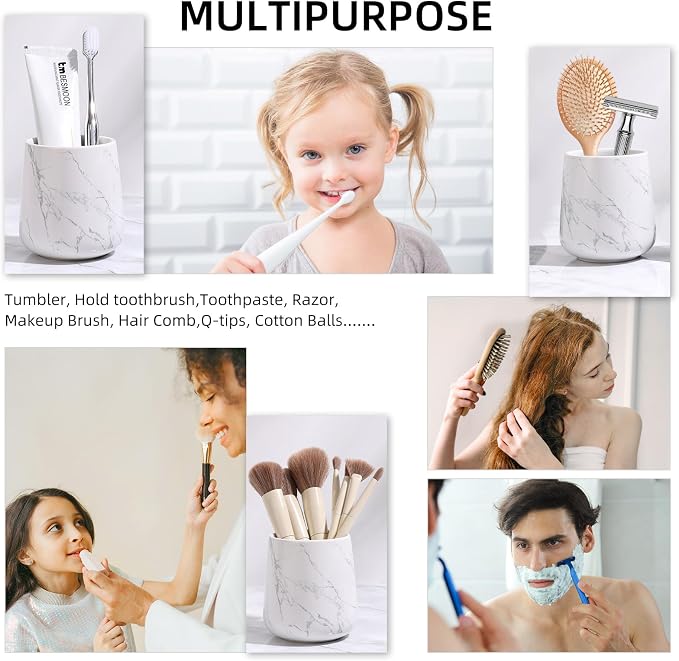 BosilunLife Ceramic Bathroom Accessories Set 3 Pcs, Foaming Soap Dispenser and Toothbrush Holder with Tray, Modern Farmhouse Vanity Decor, Narble Pattern Housewarming Gift