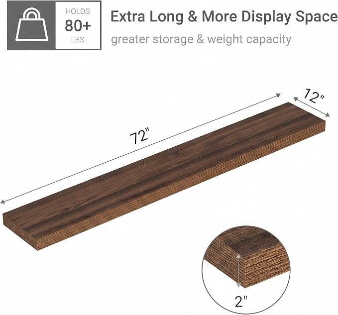 Vivelove 12 Inch Deep Floating Shelves 72 inch Long, 72 x 12 Wide Wall Shelves with Invisible Brackets, for Bedroom Bathroom Living Room Kitchen Office, Farmhouse Home Decor, Set of 1, Walnut