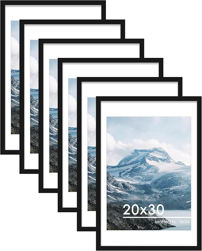 PEALSN 20x30 Picture Frame Set of 6, Display Pictures 18 x 24 with Mat or 20 x 30 without Mat for Wall Mounting or Table Top Display, Poster Frames Collage for Wall Decor, Black.