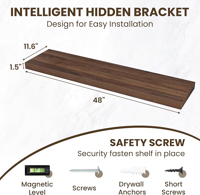 Acovy 48 Inch Floating Shelves for Wall Set of 1,Rustic Wood 12" Deep Wall Mounted Shelves,Floating Shelf with Invisible Brackets for Kitchen,Bathroom,Living Room,Decor & Storage,Walnut