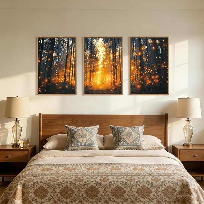 Magical Firefly Forest Framed Canvas Wall Art Set,Enchanted Night Nature Mystical Woodland Wall Decor,Whimsical Orange Twinkling Black Tree Art Print for Living Room, Bedroom, Office- 24"x36"x3