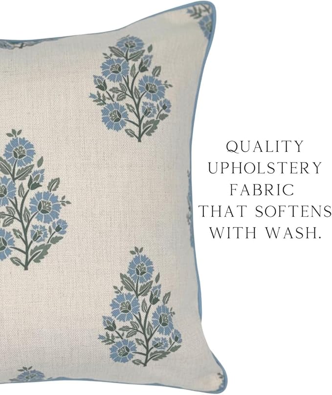 Jillien Harbor “The Camille” Decorative Pillow Cover – Blue & Whitel Floral Block Print Pillow Cover – Grandmillennial Home Decor, 24" x 24"