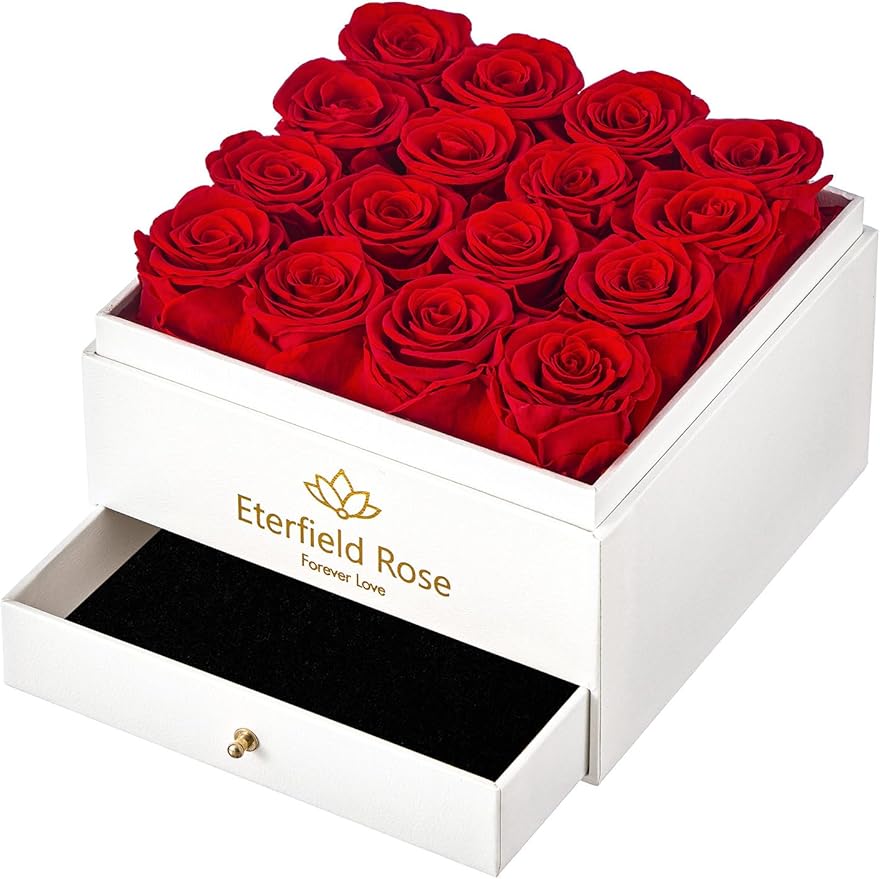 Eterfield Forever Flowers Preserved Roses Real Roses That Last Over a Year Rose Box Gifts for Her Mothers Day Valentines Day Christmas (Square White Box with Drawer, 16 Red Roses)