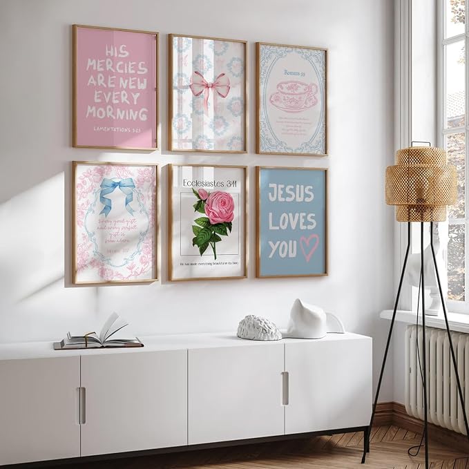 Christian Wall Art Decor Bible Verses Poster Girl Preppy Canvas Room Decor Pink Blue Scripture Wall Art Coquette Floral Bow Aesthetic Prints Trendy Artwork for Girl Bedroom 8x10x6 Inch Unframed
