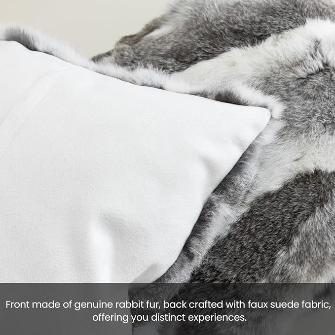 MOOX Rabbit Fur Pillow Covers Set of 2 Fur Throw Lumbar Decorative Pillow Fuzzy Soft Fluffy Genuine Animal Skin 12"x20" Sofa Couch Bed Cover, Couch-Grey White