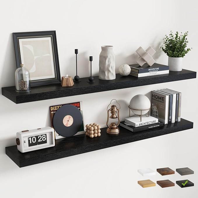 55 Inch Floating Shelves for Wall Set of 2, 8"D Wood Grain Bathroom Shelves with Invisible Brackets, Easy Install Engineered Wood Storage Shelves for Kitchen, Living Room, Bedroom, Black Finish