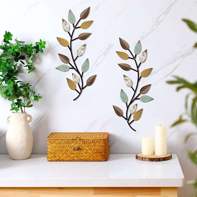 Zhengmy 2 Pieces Metal Tree Leaf Wall Decor Vine Olive Branch Leaf Wall Art Living Room, Hallway Wall Decor Outdoor Decoration(Bright Colors)