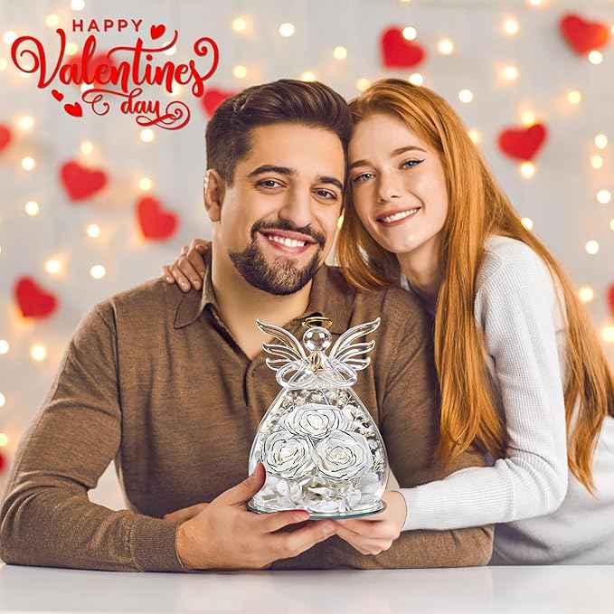 Beferr Mothers Day Mom Birthday Gifts for Women, Fresh Flowers for Delivery Forever Preserved Rose in Glass Angel Figurine, Anniversary Christian Real Rose for Grandma Nana Wife Mum from Daughter Son