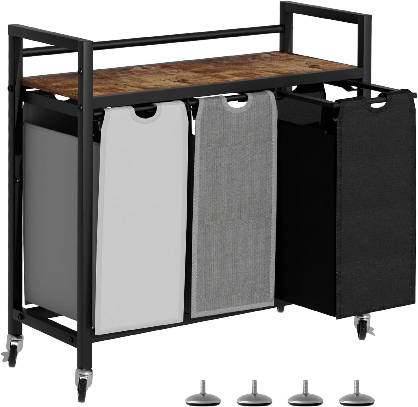 Laundry Hamper, Laundry Basket, Laundry Sorter with 3 Removable Bags, Clothes Basket with 3 Compartments, Wheels, Shelf for Laundry Room Bathroom Bedroom (3 Bags-Black Grey White)