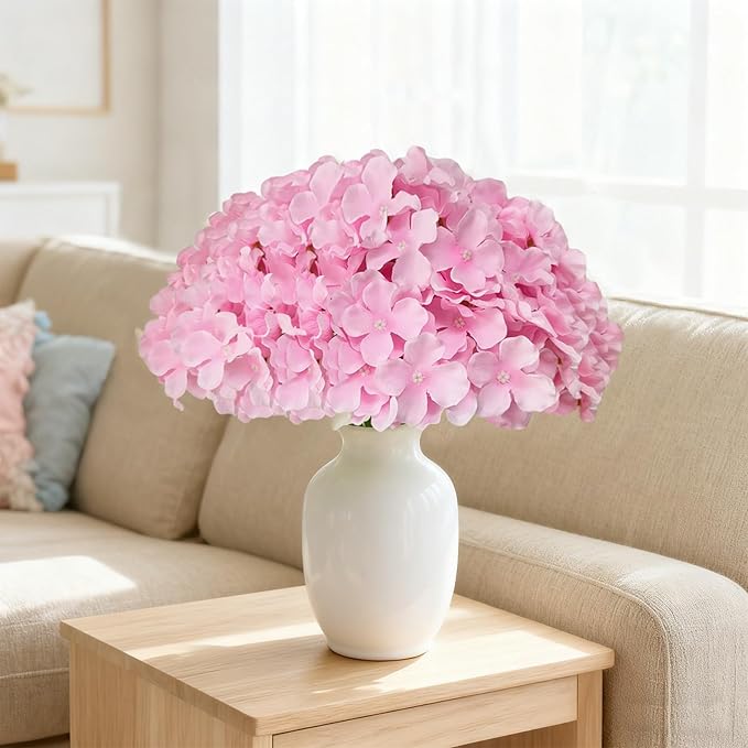 65Pcs Pink Hydrangea Artificial Flowers Bulk，Realistic Silk Fake Flowers with Stems，Faux Hydrangea Flowers for Wedding Home Decor Centerpieces Living Room Garden Party Baby Shower Decoration