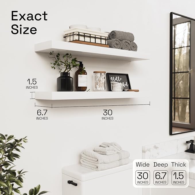 Solid Wood Floating Shelves for Wall 30 Inches Long, White Wooden Shelf | Real Wood, 30 Inch, Bathroom Shelf Large, Heavy Duty, Wall Mounted, Kitchen Bedroom Thick, White Finish, 30W × 6.7D, Set of 2
