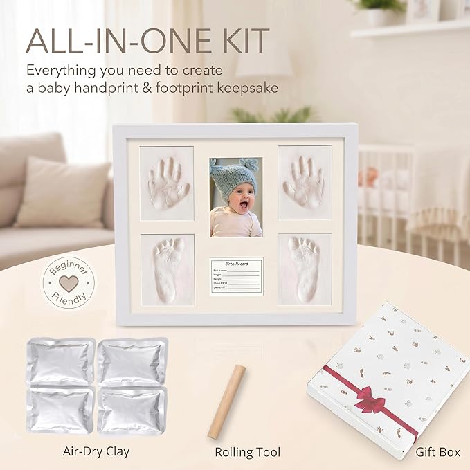 MICKYU Baby Handprint and Footprint Kit, Newborn Keepsake Wood Picture Frame with Air-Dry Clay, Nursery Decor, White, 13 x 11 Inch