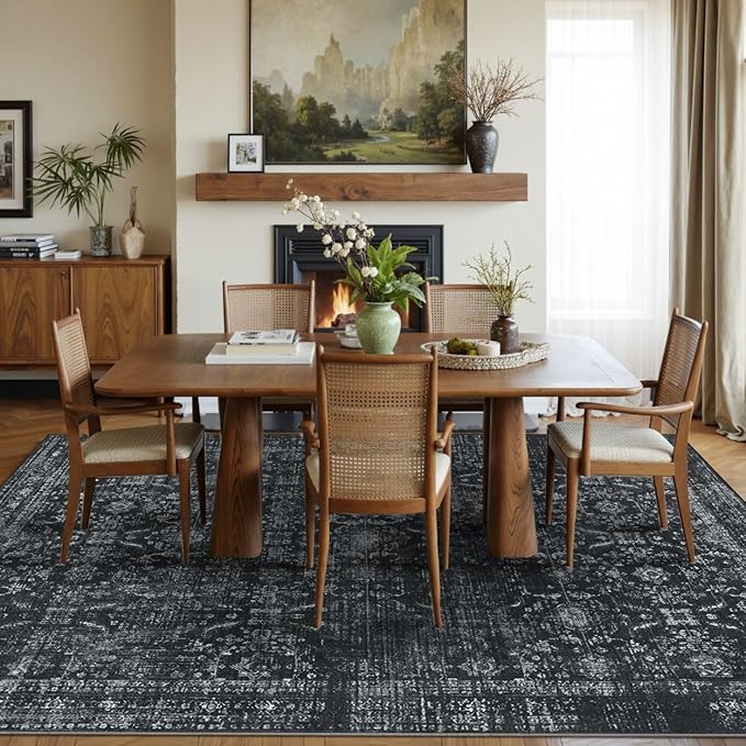 Rugxara 5x7 Area Rugs for Living Room Bedroom, Washable Rug, Black Vintage Floral Boho Rug, Non Slip & Low Pile Faux Wool Thin Carpet for Indoor Dining Room and Kids Room(Black 5x7ft)