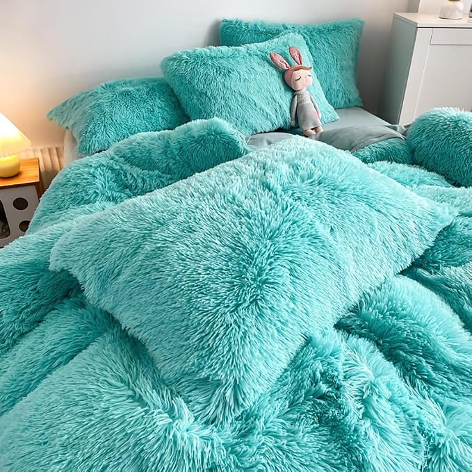 chovy Faux Fur Plush Sky Blue Comforter Sets Queen - Ultra Soft Shaggy Flannel Velvet Fluffy Fuzzy 3PC Bedding Set (Comforter x 1 Pillowcases x 2)
