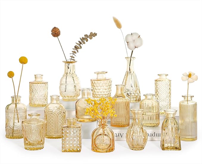 SUPMIND 16Pcs Glass Bud Vase Set, Small Flower Vases in Bulk for Centerpieces, Mini Vintage Amber Vase for Wedding, Home Decor, Table Decoration - Gold Amber