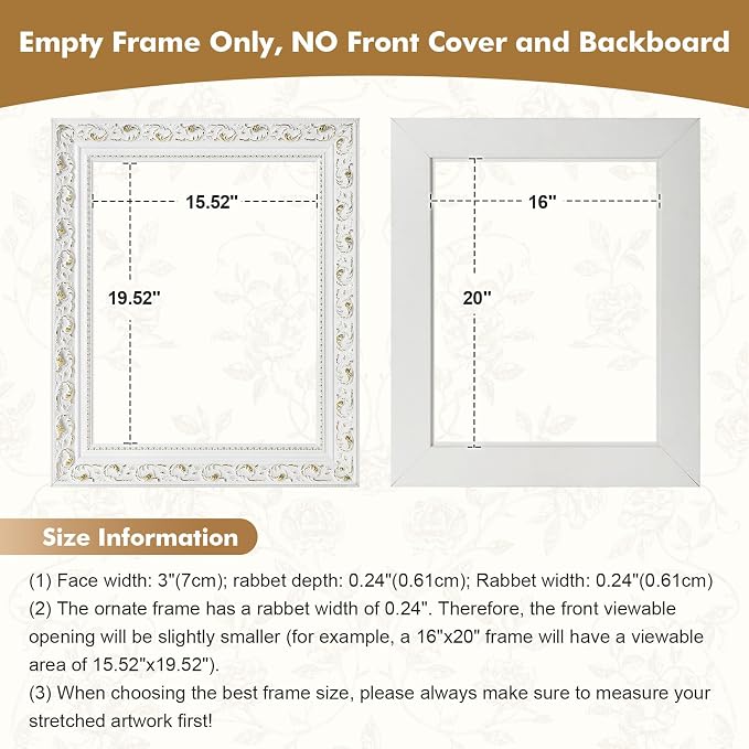 DIY Ornate Frame for 16x20 Canvas Paintings, 3" Wide Antique White Canvas Frame for Oil Painting Art Prints Home Living Room Wall Decor (No Backboard)