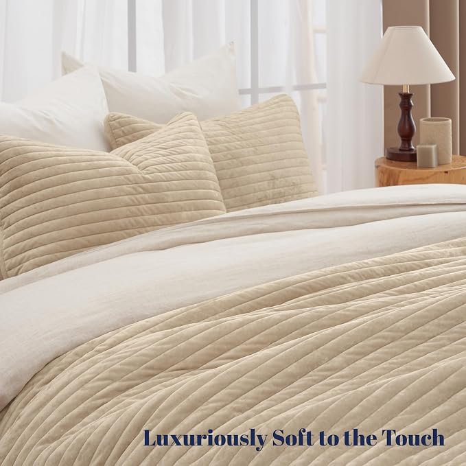 PHF Luxury Velvet Quilt Set Twin Size – 2PCS Ultra Soft Quilted Comforter Alternative with Striped Channel, Cozy Quilted Bedspread, 1 Coverlet with 1 Matching Sham, 68" x 92", Oxford Tan