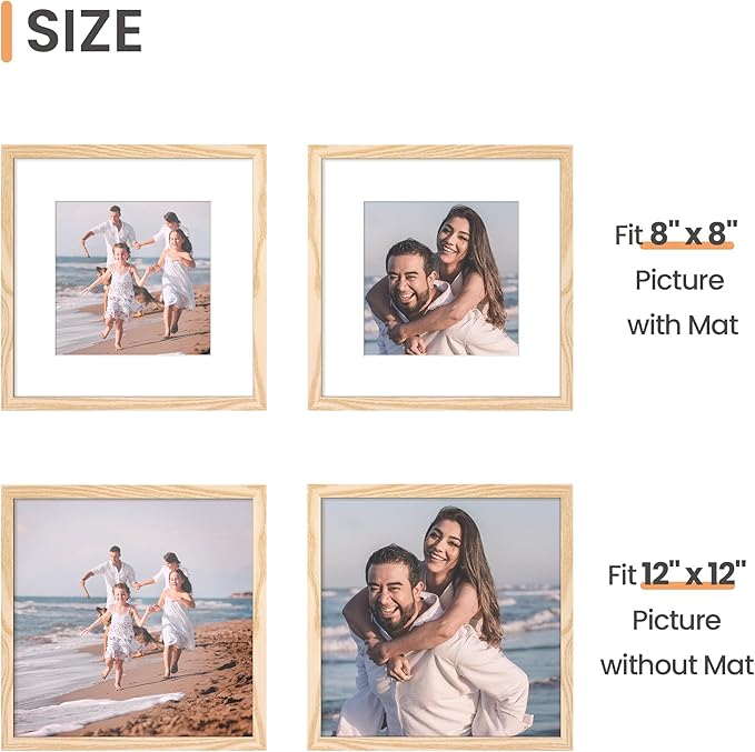 upsimples 12x12 Picture Frame, Display Pictures 8x8 with Mat or 12 x 12 Without, Wall Hanging Square Frames, Natural, 1 Pack