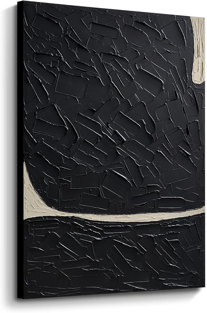 Large Textured Abstract Canvas Wall Art, Modern Minimalist Black Wall Decor | Hand-Painted Vertical Oil Painting Artwork for Living Room Bedroom Office, 28x40 In Original Neutral Home Decor Gifts