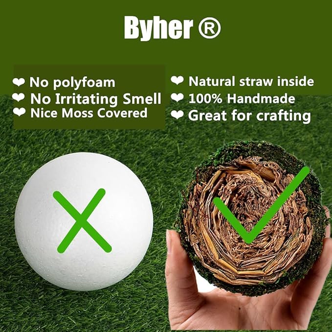 BYHER Moss Balls, 18 PCS Decorative Balls for Centerpiece Bowls - 6pcs 3.2" Natural Dried Balls+ 12pcs 2" Green Moss Balls Vase Bowl Filler (Set of 18)