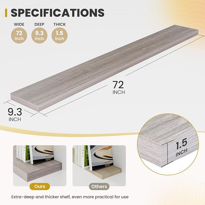 Acovy 72 Inch Floating Shelves, 9.3" Deep Floating Shelf Wall Mounted, 72" Wall Shelves, Rustic Deep Bookshelf, Large Display Shelves & Storage Shelves for Bedroom, Living Room, Grey, Set of 2