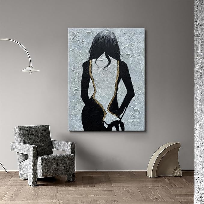 zoinart Hand Painted Black and White Textured Wall Art, 28x40 Inches, Black and White Girl Abstract Painting, Vertical Wall Decor