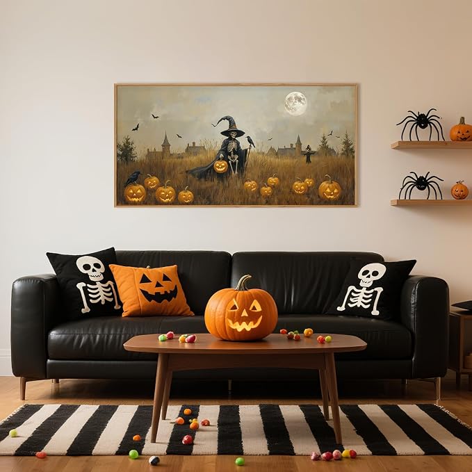 Halloween Ghost Reaper Framed Wall Art,Scary Witchy Pumpkin Wall Decor,Horror Night Wall Painting,Full Moon Bats Artwork for Living Room,Bedroom,Halloween Themed Party-40×20"×1