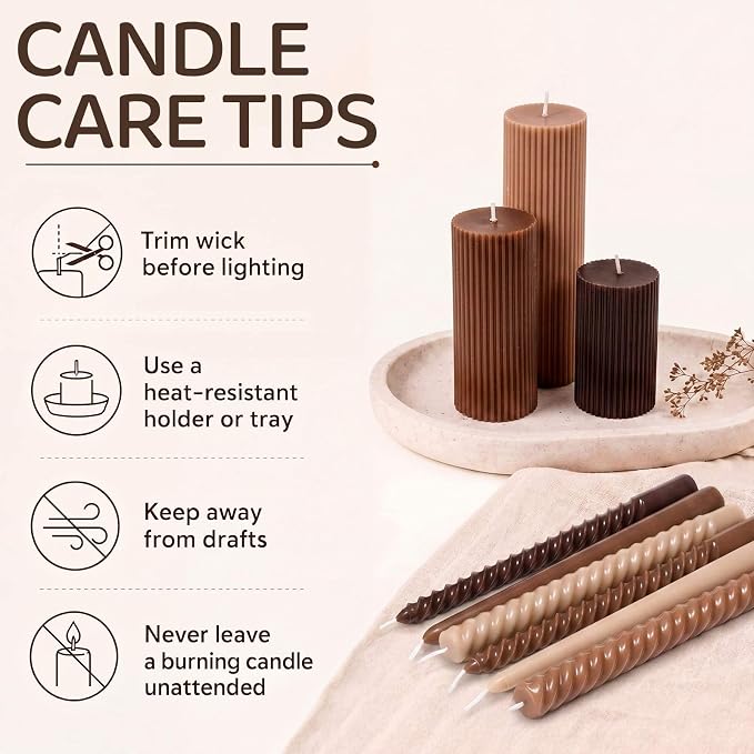 Conelist 9 Pcs Modern Decorative Candles Set, 3 Pillar Aesthetic Ribbed and 6 Spiral Taper Twisted Candles, Unscented Soy Wax for Wedding Holiday Dinner Home Decor(Brown)