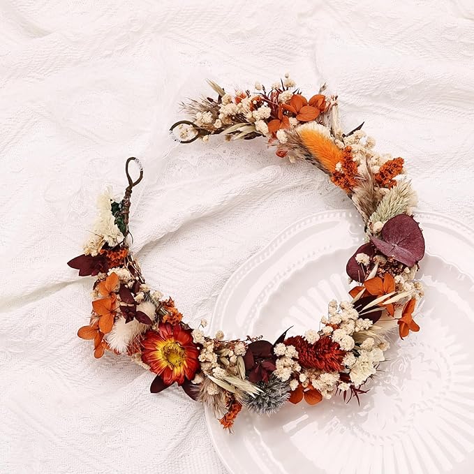 Preserved Natural Dried Flower Crown, Rustic Wedding Wreath Headband, Burnt Orange Terracotta Cream Floral Hair Garland for Brides, Bridesmaids, Flower Girls