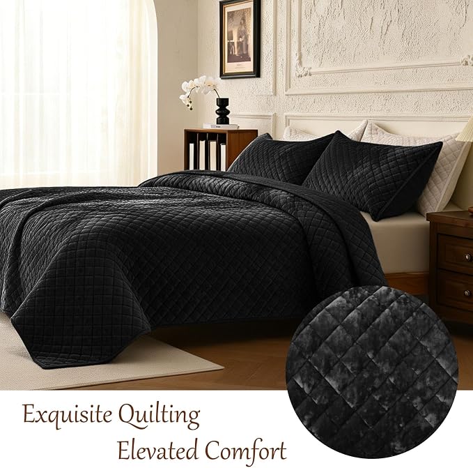 3-Piece Velvet Quilt Set Oversized King Size 120"x128" Bed Blanket Quilted Bedspread Soft Luxury Bedding with 2 Pillow Shams 20''x36'' for All-Season,Black