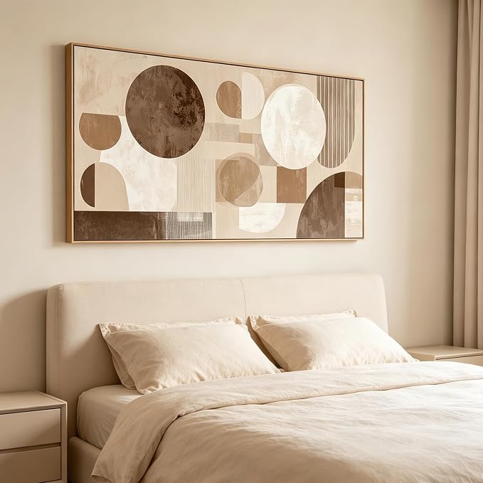 Sorbrozo Mid Century Modern Abstract Geometric Wall Art with Wood-Colored Frame Boho Sun and Moon Canvas Painting Neutral Earth Tone Pictures for Living Room Bedroom Home Office Indoor Decor 24x48 inch