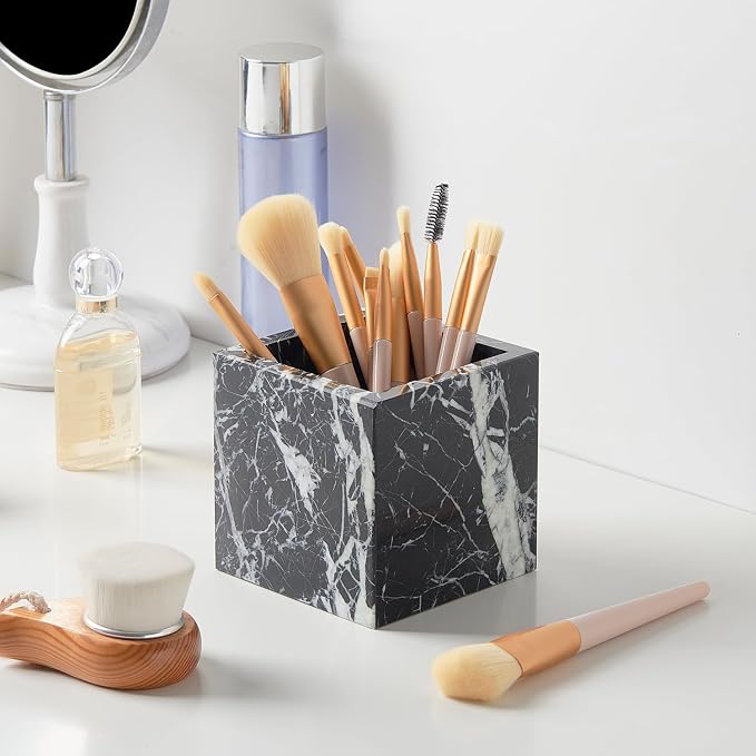 Real Luxurious Natural Marble Toothbrush Holder & Makeup Brush Organizer & Pen Holder for Desk,3.93inch Square Marble Utensil Holder Non-Ceramic/Non-Resin （Black）
