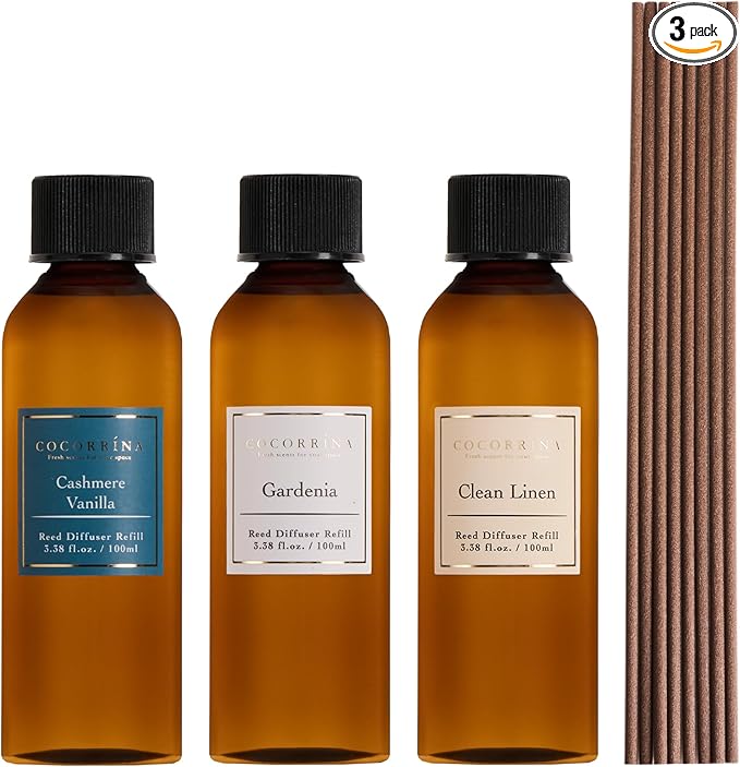 COCORRÍNA Reed Diffuser Refill Set, 10.2oz Scented Oil Refill 3 Pack, Clean Linen, Cashmere Vanilla, Gardenia, Long Lasting Oil Diffuser Refill with 18 Sticks for Bathroom & Bedroom