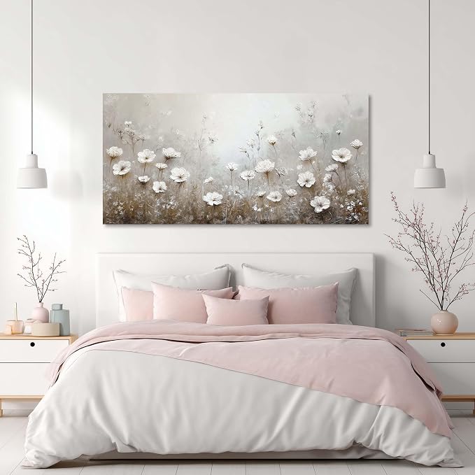 Ggaafet White Floral Wall Art for Living Room Canvas Oil Painting Prints Flower Landscape Scenic Nature Art Deco Retro Rustic Artwork Office Bedroom Farmhouse Room Decor Extra Large