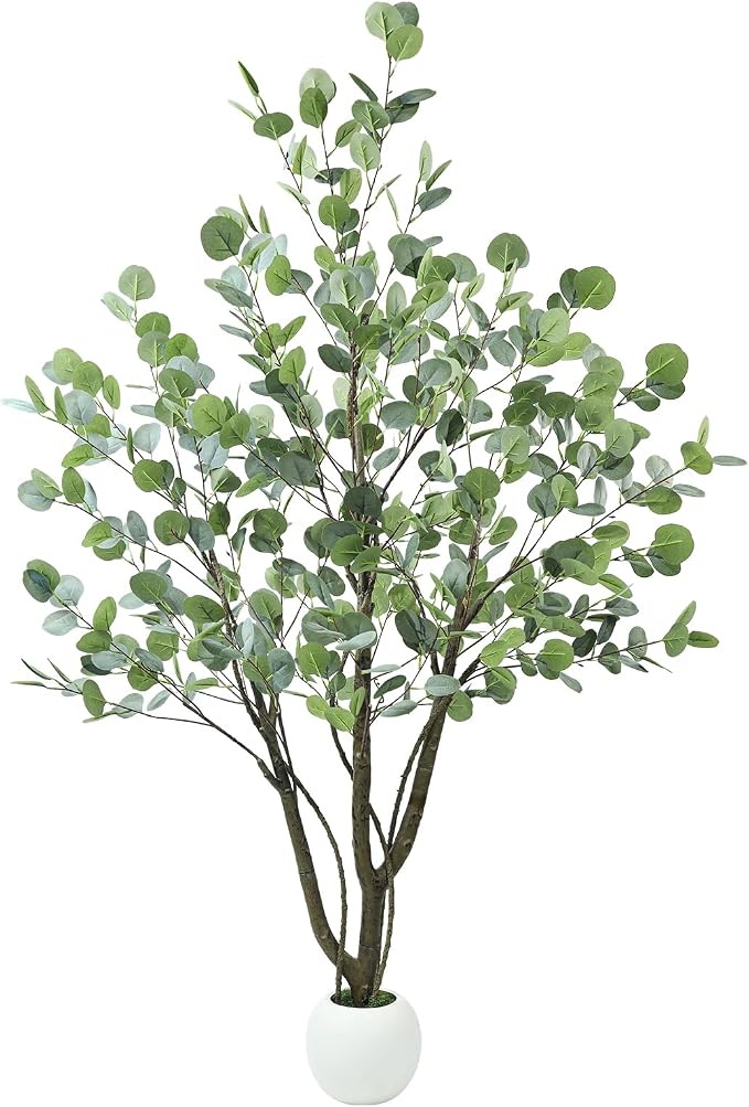 Caxchiling Artificial Eucalyptus Tree 5FT, Indoor Outdoor Faux Tree | Natural Trunk with White Planter for Home Office Living Room Front Door Decor