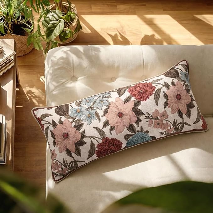 bilin gaier French Vintage Linen Throw Pillow Cover,28"x12"-Burgundyred | Designer Rectangular Pillow Cover,Concealed Zipper Design,Floral Pattern,Sofas,Bedroom,Living Room,Lounge Chairs