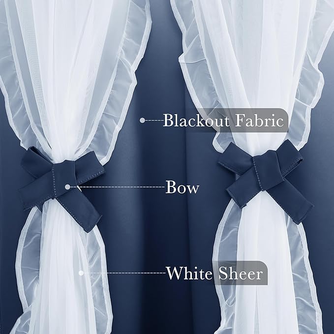 PONY DANCE Gradient Kids Curtains for Bedroom Decorative Drapes, Double Layer Curtain Ruffle Sheer Overlay Room Darkening Pretty Chic Princess, 52x84 inch, Ombre-Blue, 2 PCs