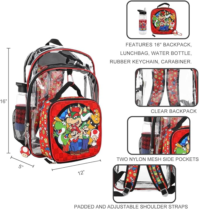 Bioworld Super Mario Brothers 5-Piece Backpack & Lunchbox Set With Water Bottle