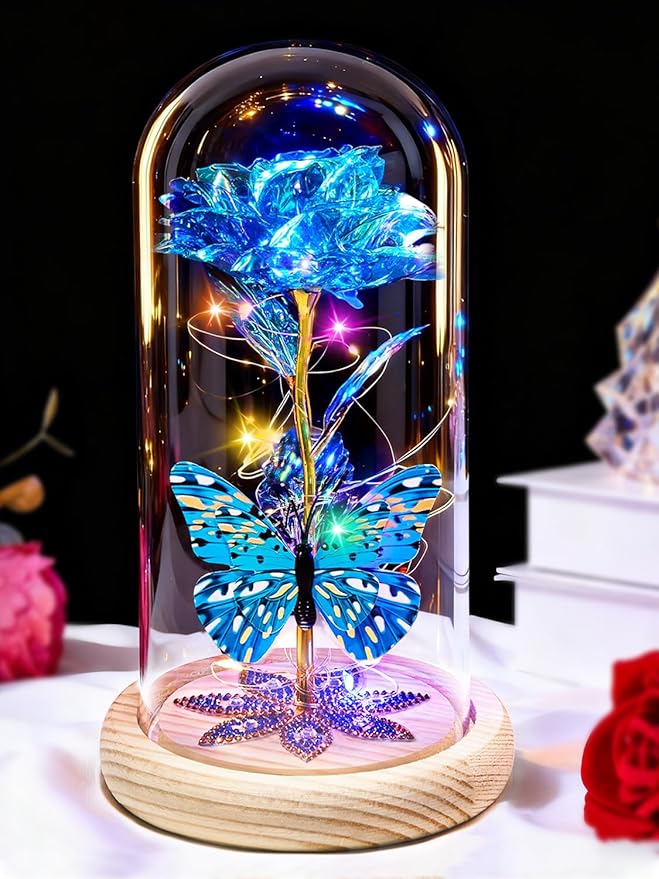 Beferr Birthday Gifts for Women Galaxy Glass Rose Forever Preserved Flowers for Delivery Light Up Rose in Glass Dome Mothers Day Butterfly Gifts for Mom Wife Grandma Her Daughter Girlfriend