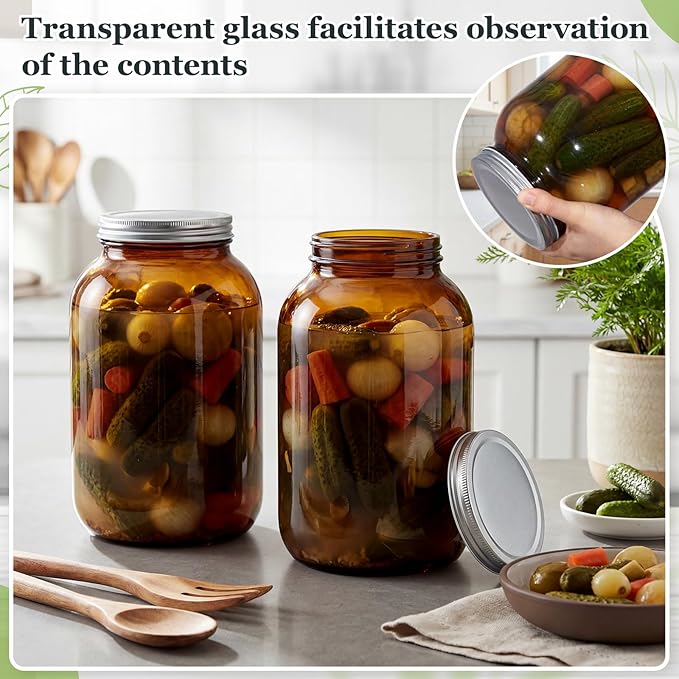 Norme 3 Pcs 1 Gallon Wide Mouth Mason Jars, 128 oz Amber Glass Jars with Lids Large Wide Flour Sugar Storage Containers, Glass Container for Fermented Food, Sourdough Starter, Food Storage
