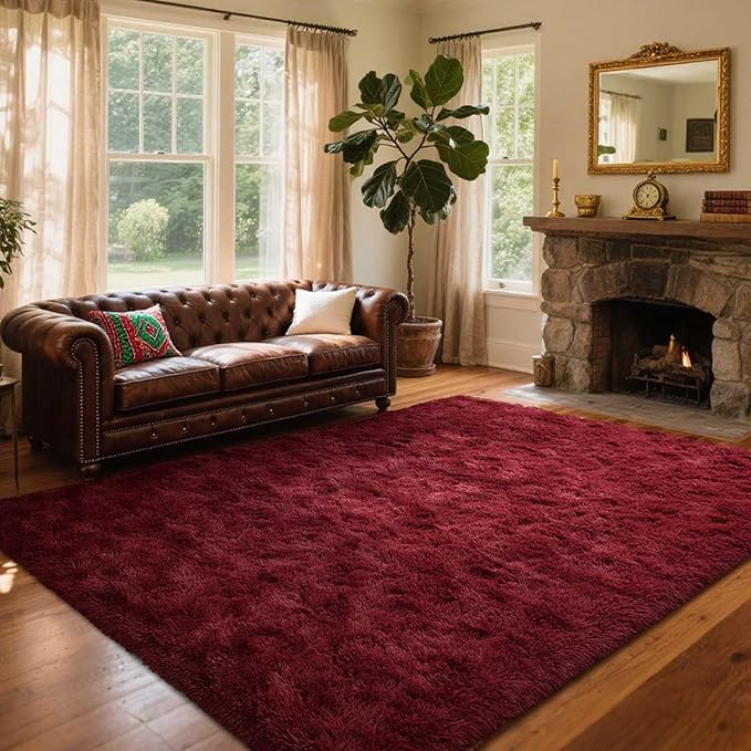 Area Rugs for Living Room, 5x8 Feet Soft Fluffy Shagg Plush Rug High Pile Large Indoor Modern Non-Slip Floor Carpet for Bedroom Nursery Girls Kids Home Room Dorm Decor Aesthetic Burgundy