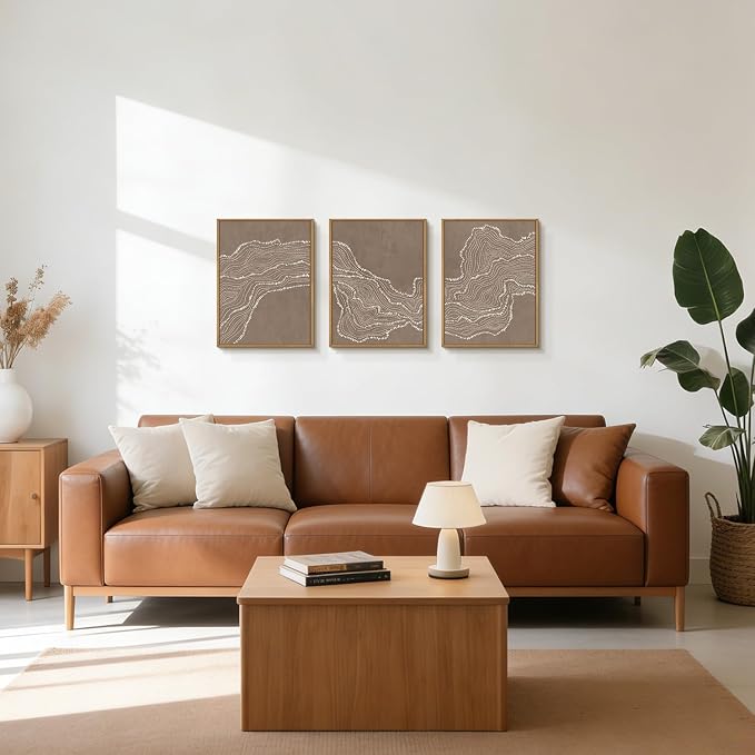 BICERE Abstract White Wave Framed Canvas Wall Art,Modern Minimalism Wall Decor,Neutral Geometric Line Art Painting,Textured Brown Artwork for Living Room,Bedroom,Dining Room,Office - 12"x16"x3
