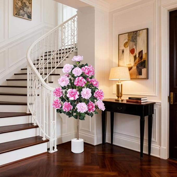 2 Pack 4FT Artificial Peony Tree, Fake Pink Trees for Outdoors Decor | 21 Blooming Peonies Flowers, Artificial Flowering Trees, For Front Door Porch Patio Living Room Office Indoor Outdoor Decor