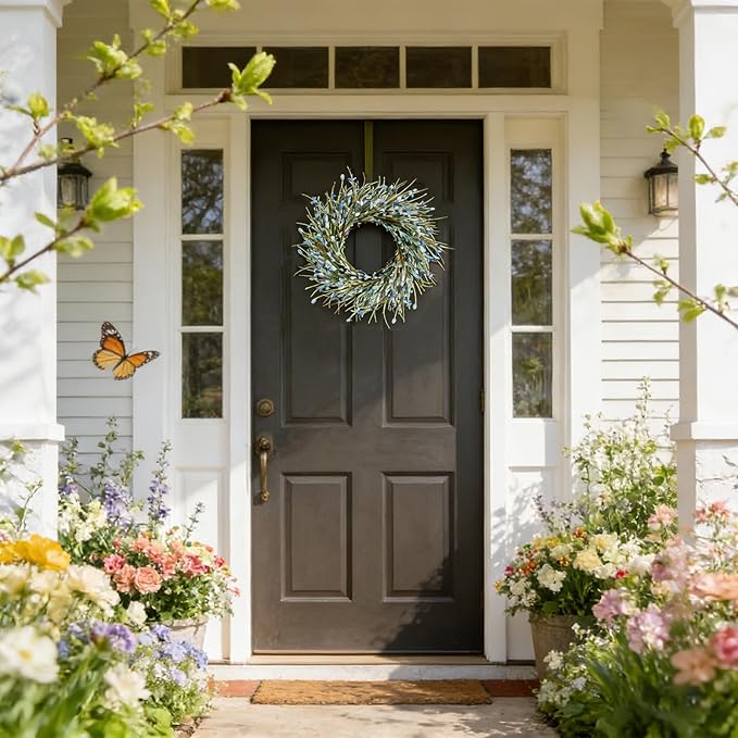 Bibelot 20inch Artificial Forsythia Flower Wreath, All Year Around Wreath for Front Door, Wedding Window Home Wall Indoor Front Door Decor (Blue, 20in)