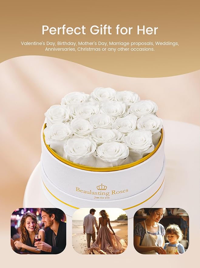 16 Preserved Roses Forever Flowers Real Roses in a Box Mother's Day Birthday Flowers for Her Mom Women Wife Valentine's Day, White Roses